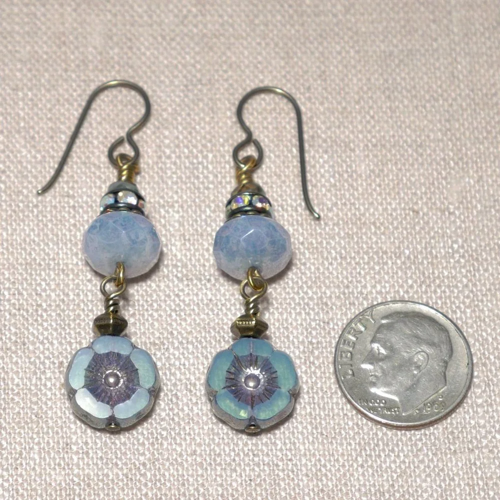 Hand Crafted Handmade Earrings Blue Opalite Czech Glass & Rhinestone Ear… - Picture 3 of 4